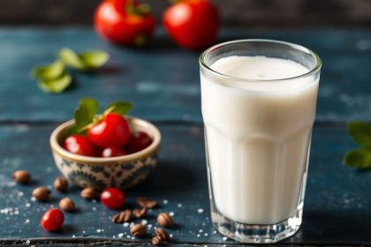 كوب عيران رغوي مقدّم مع مغرفة ونعناع فوق طاولة خشبية