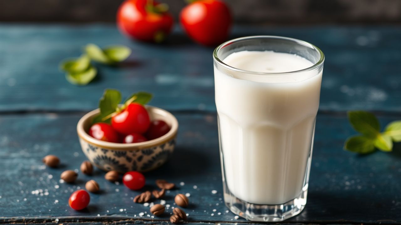 كوب عيران رغوي مقدّم مع مغرفة ونعناع فوق طاولة خشبية