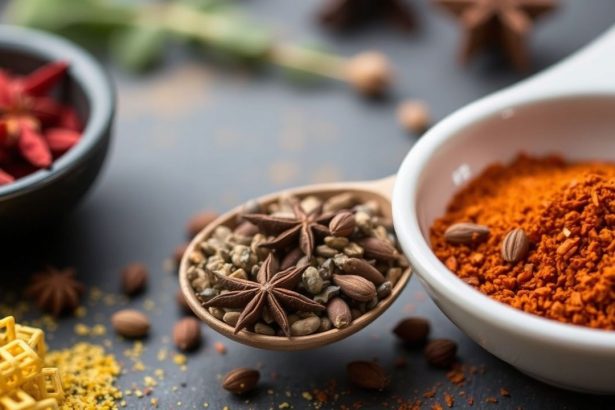 مزيج توسكاني منزلي عطري من الأعشاب والتوابل في وعاء خشبي مع هاون