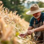 مزارع يجمع محاصيل مستدامة في حقل أخضر مشمس