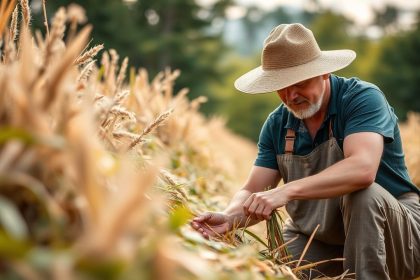 مزارع يجمع محاصيل مستدامة في حقل أخضر مشمس