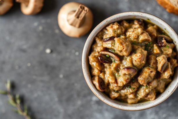 دوكسيل الفطر الكريمي مع أعشاب مفرومة وزبدة على لوح خشبي