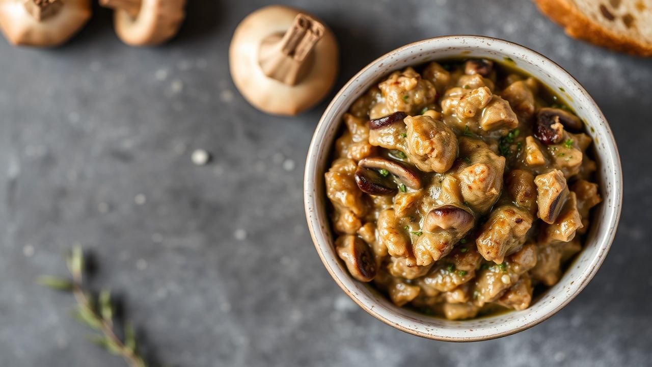 دوكسيل الفطر الكريمي مع أعشاب مفرومة وزبدة على لوح خشبي