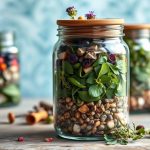 أوانٍ زجاجية ذات طبقات من الأعشاب الملونة مع أدوات صنع وورقة إرشادية