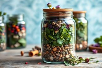 أوانٍ زجاجية ذات طبقات من الأعشاب الملونة مع أدوات صنع وورقة إرشادية