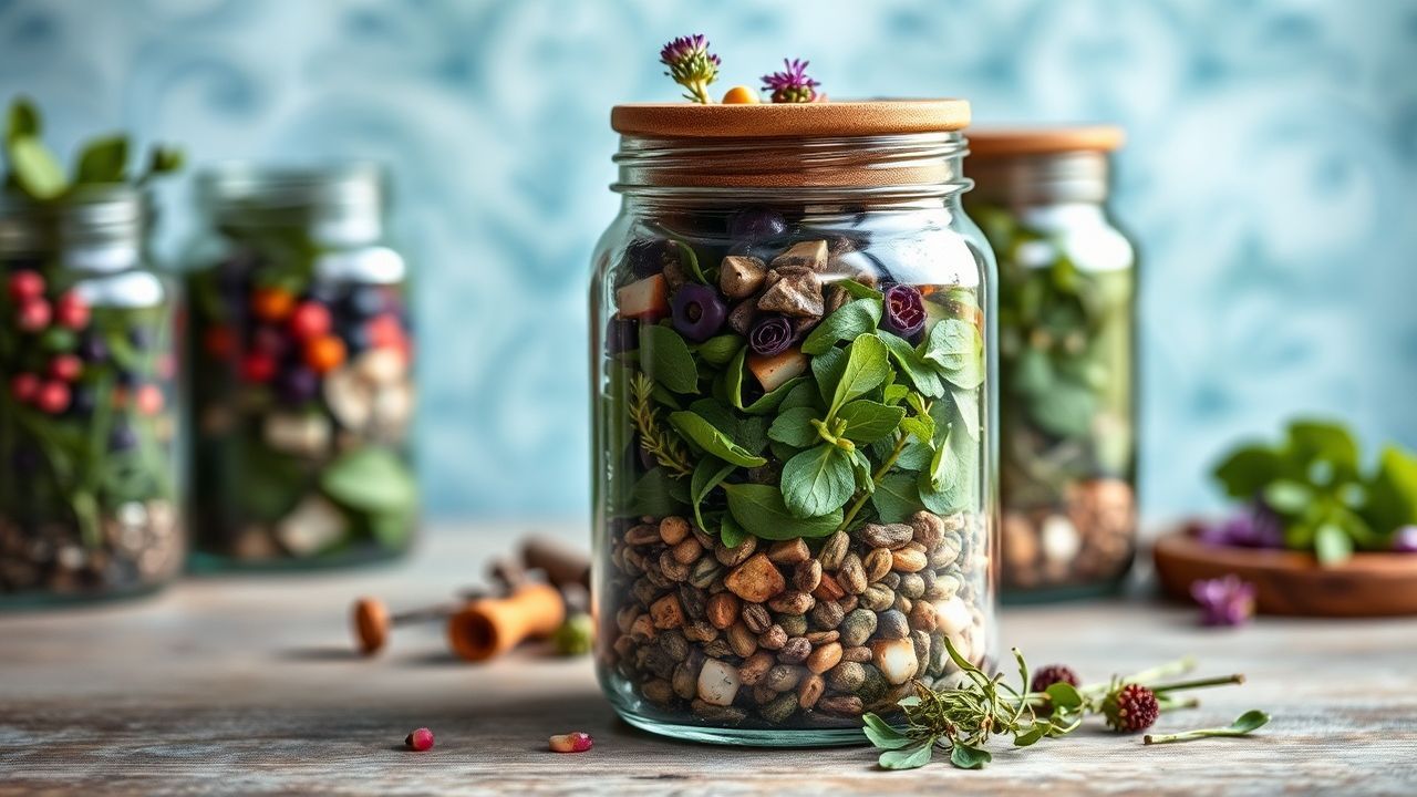 أوانٍ زجاجية ذات طبقات من الأعشاب الملونة مع أدوات صنع وورقة إرشادية