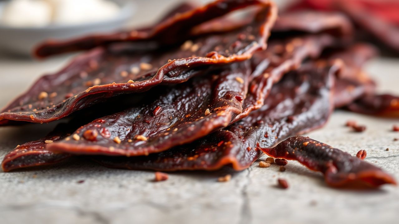لحم مجفف منزلي على رف مع توابل، وجبة خفيفة عالية البروتين