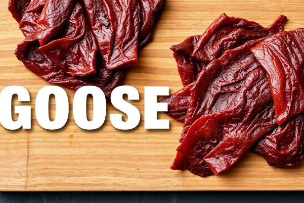 شرائح لحم أوزة مجففة منزلية متبلة على لوح تقطيع خشبي