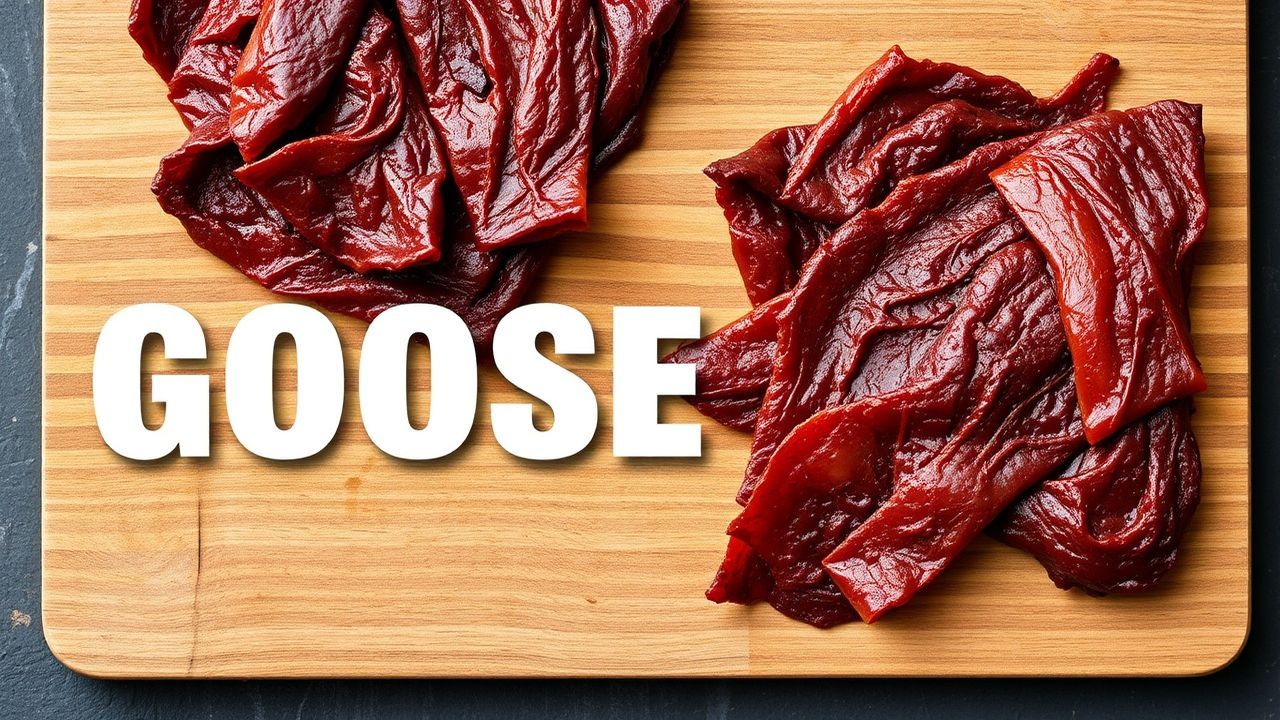 شرائح لحم أوزة مجففة منزلية متبلة على لوح تقطيع خشبي