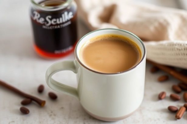 مبيض قهوة الفانيليا المصنوع منزلياً بجانب كوب قهوة وحبات فانيليا