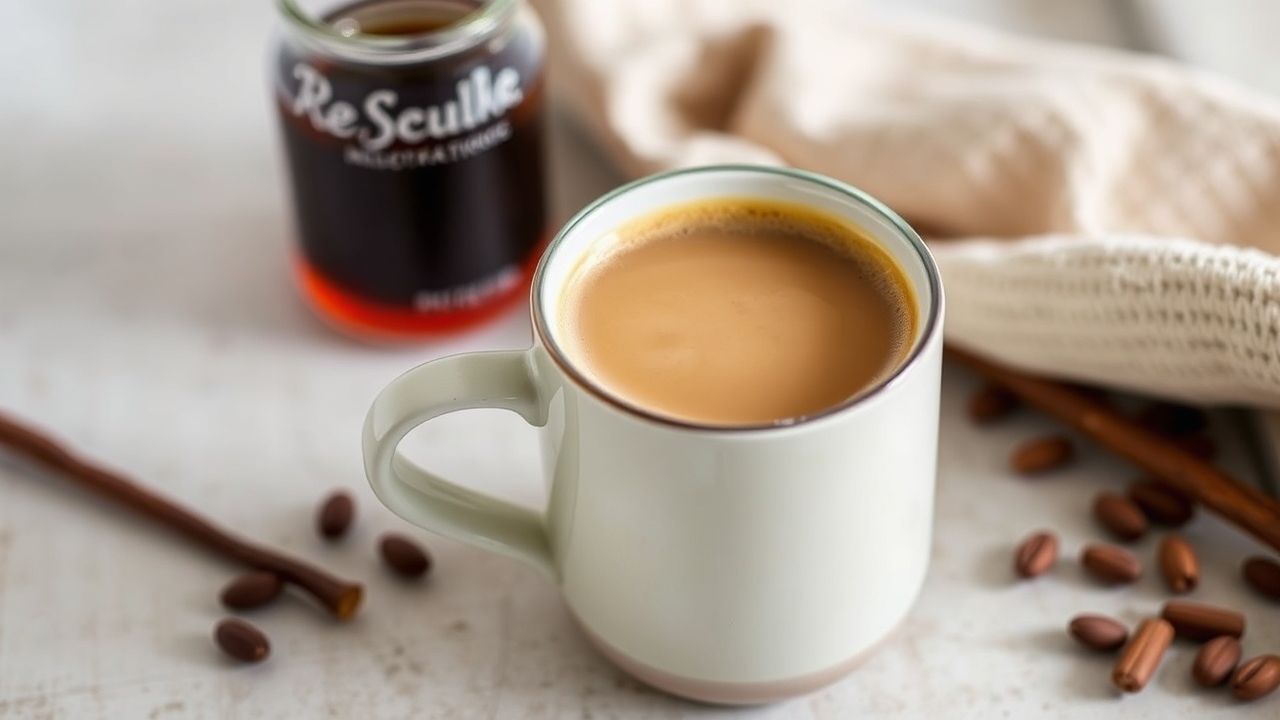 مبيض قهوة الفانيليا المصنوع منزلياً بجانب كوب قهوة وحبات فانيليا