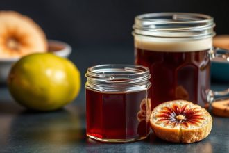 مرطبان جلي البيرة محلي الصنع بجانب زجاجة وخبز محمص