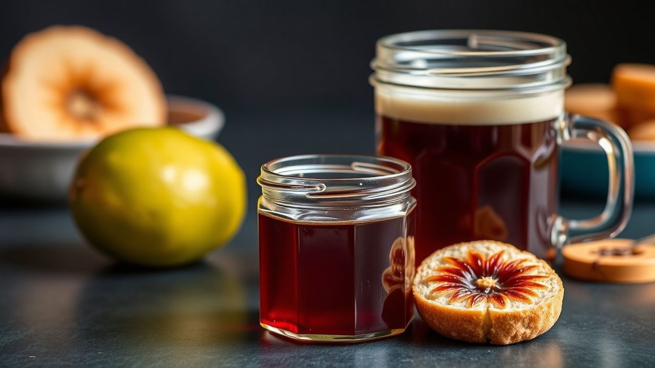 مرطبان جلي البيرة محلي الصنع بجانب زجاجة وخبز محمص