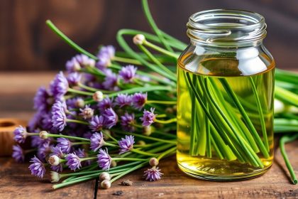 زجاجات خل أزهار الثوم المعمر محاطة بأزهار الثوم المقطوفة