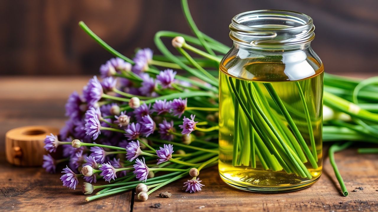 زجاجات خل أزهار الثوم المعمر محاطة بأزهار الثوم المقطوفة