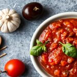 صحن صلصة بوتانيسكا منزلية غنية بالطماطم والزيتون والكابر، مُقدَّم مع ريحان