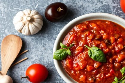 صحن صلصة بوتانيسكا منزلية غنية بالطماطم والزيتون والكابر، مُقدَّم مع ريحان