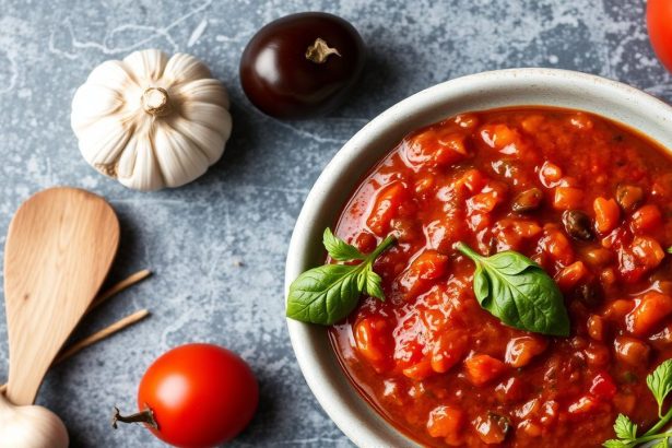 صحن صلصة بوتانيسكا منزلية غنية بالطماطم والزيتون والكابر، مُقدَّم مع ريحان