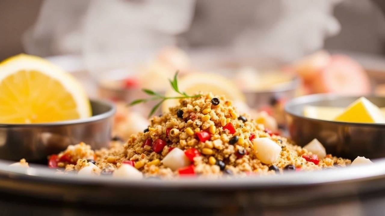 أطباق توابل ملونة مع جمبري وذرة لخلطة تتبيلة غلي المأكولات البحرية