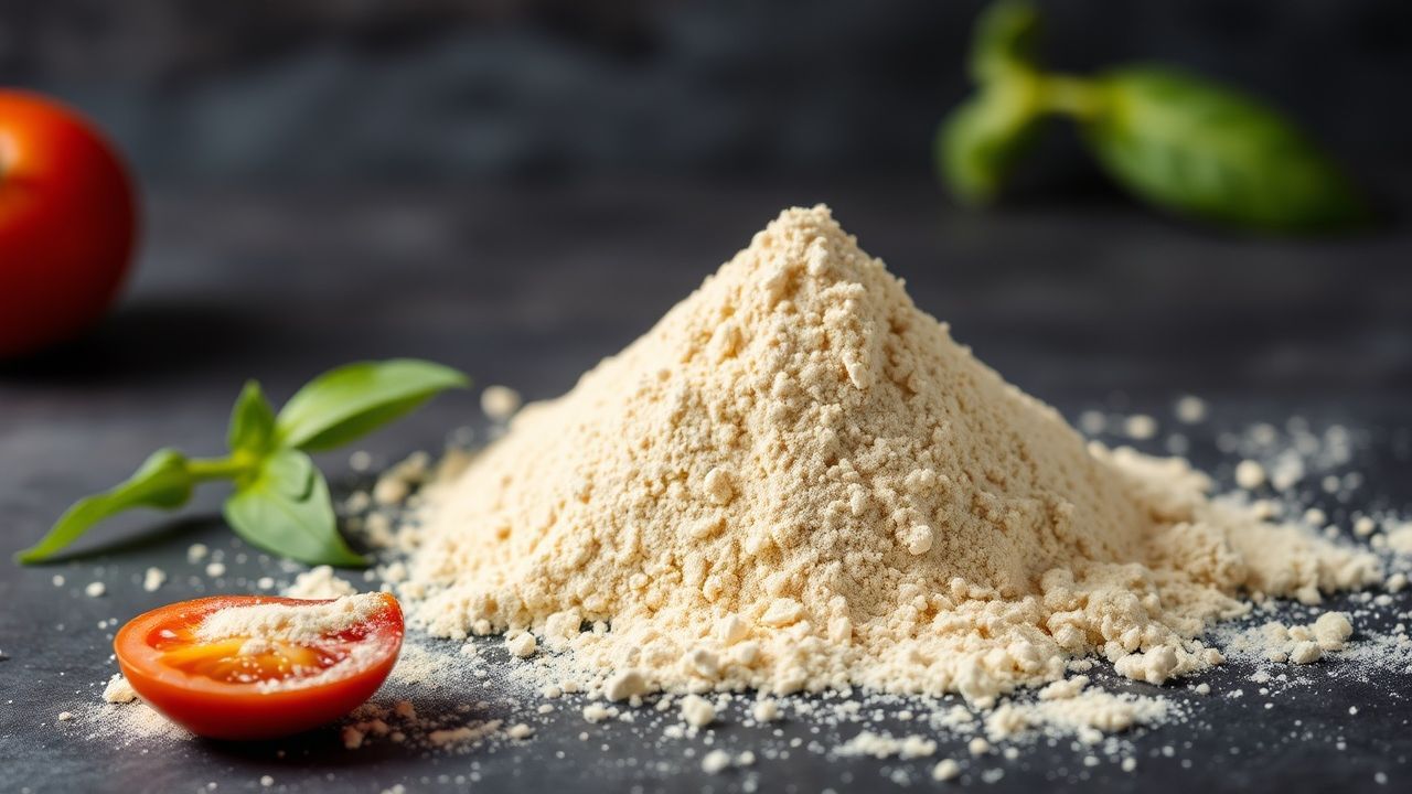 مسحوق قشور الطماطم الأحمر المجفف منزلياً لاستخدامه كتوابل طبيعية في الطهي.