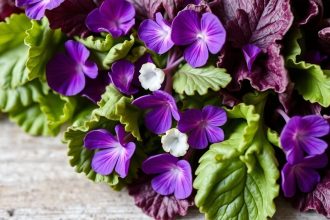 طبق سلطة بأوراق البنفسج البري الطازجة مع شرائح ليمون وزيت زيتون