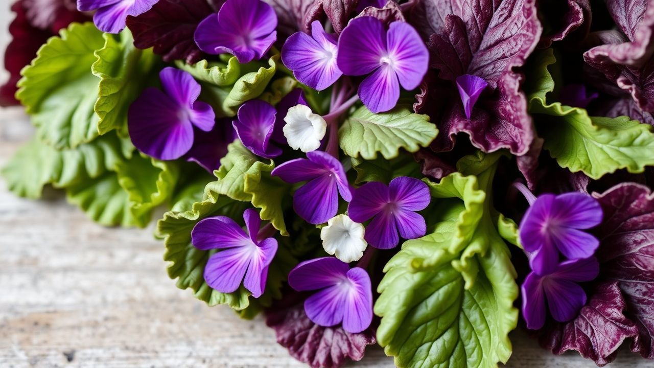 طبق سلطة بأوراق البنفسج البري الطازجة مع شرائح ليمون وزيت زيتون