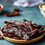 شرائح جركي بروتينية على لوح خشبي مع بهارات ومعدات تحضير الوجبات