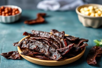 شرائح جركي بروتينية على لوح خشبي مع بهارات ومعدات تحضير الوجبات