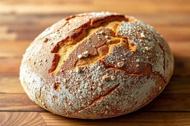 Crusty rustic rye bread loaf cooling on a wooden board