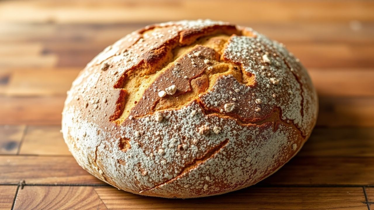 Crusty rustic rye bread loaf cooling on a wooden board