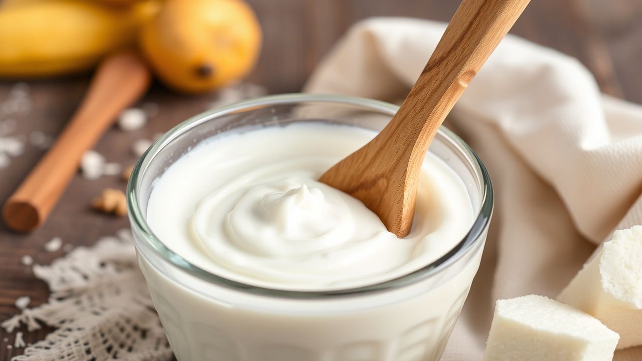أطباق زبادي كريمي منزلي مع ملاعق وحبوب بادئات التخمير