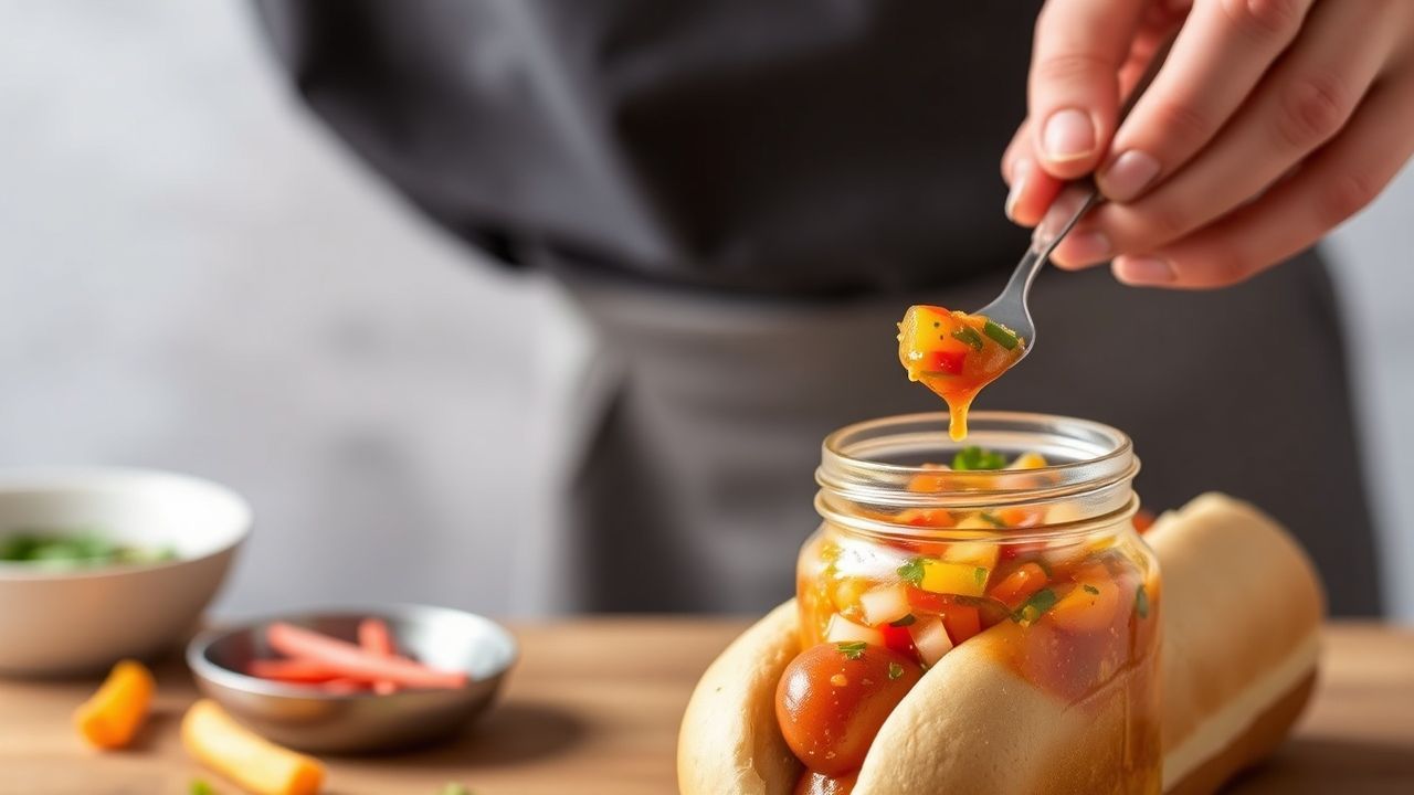 صلصة الهوت دوغ المنزلية الملونة في وعاء صغير بجانب سندويتش هوت دوغ