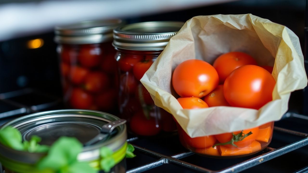 طماطم تُعلّب في فرن مع علامة خطر، وبدائل تعقيم آمنة بجانبها