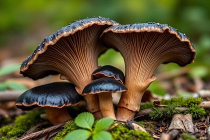 يدان تقطفان فطر البوق الأسود المتخفّي بين الأوراق الرطبة