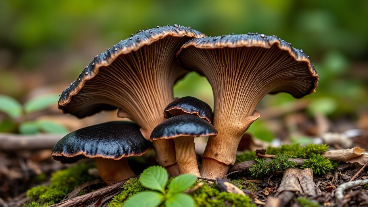 يدان تقطفان فطر البوق الأسود المتخفّي بين الأوراق الرطبة