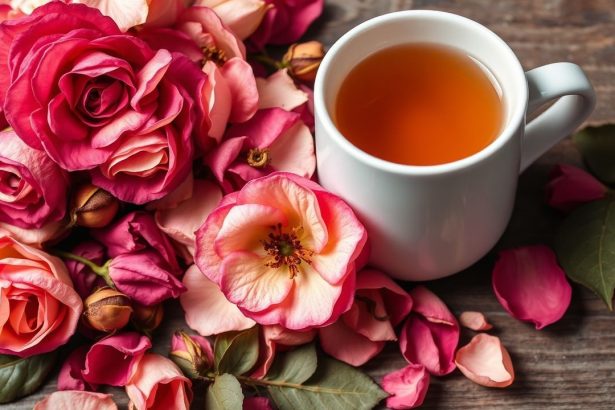 بتلات ورد مجففة في وعاء زجاجي تحضير شاي زهري