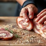 شرائح غوانتشالي مدخنة متقنة على لوح خشبي، جاهزة للطبخ