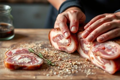 شرائح غوانتشالي مدخنة متقنة على لوح خشبي، جاهزة للطبخ