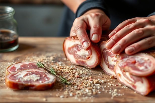 شرائح غوانتشالي مدخنة متقنة على لوح خشبي، جاهزة للطبخ