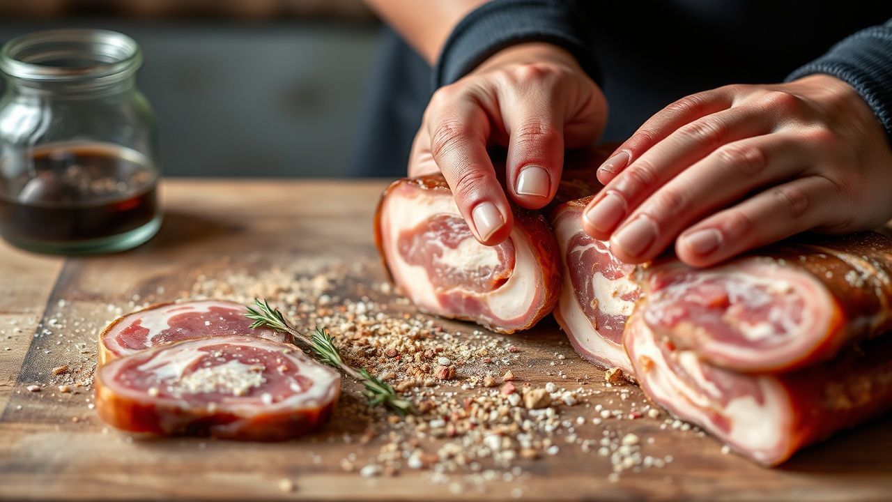 شرائح غوانتشالي مدخنة متقنة على لوح خشبي، جاهزة للطبخ