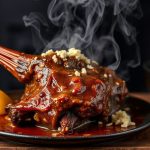 ذيل بقري مدخن وطري على طبق رخامي، بخار يتصاعد وصلصة غنية وتزيين