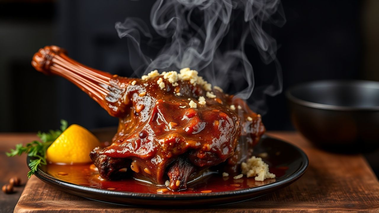 ذيل بقري مدخن وطري على طبق رخامي، بخار يتصاعد وصلصة غنية وتزيين