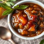 وعاء صلصة التمر الهندي المنزلية الحامضة مع ملعقة وتوابل على لوح خشبي