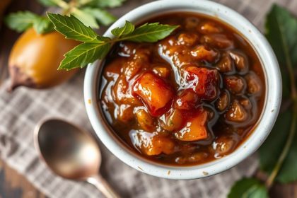 وعاء صلصة التمر الهندي المنزلية الحامضة مع ملعقة وتوابل على لوح خشبي