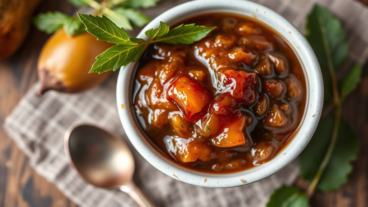 وعاء صلصة التمر الهندي المنزلية الحامضة مع ملعقة وتوابل على لوح خشبي