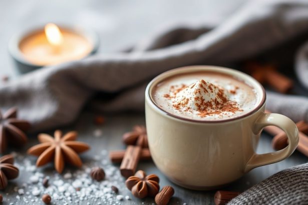 خليط شوكولاتة ساخنة محلي الصنع بجانب كوب بخار ودافئ