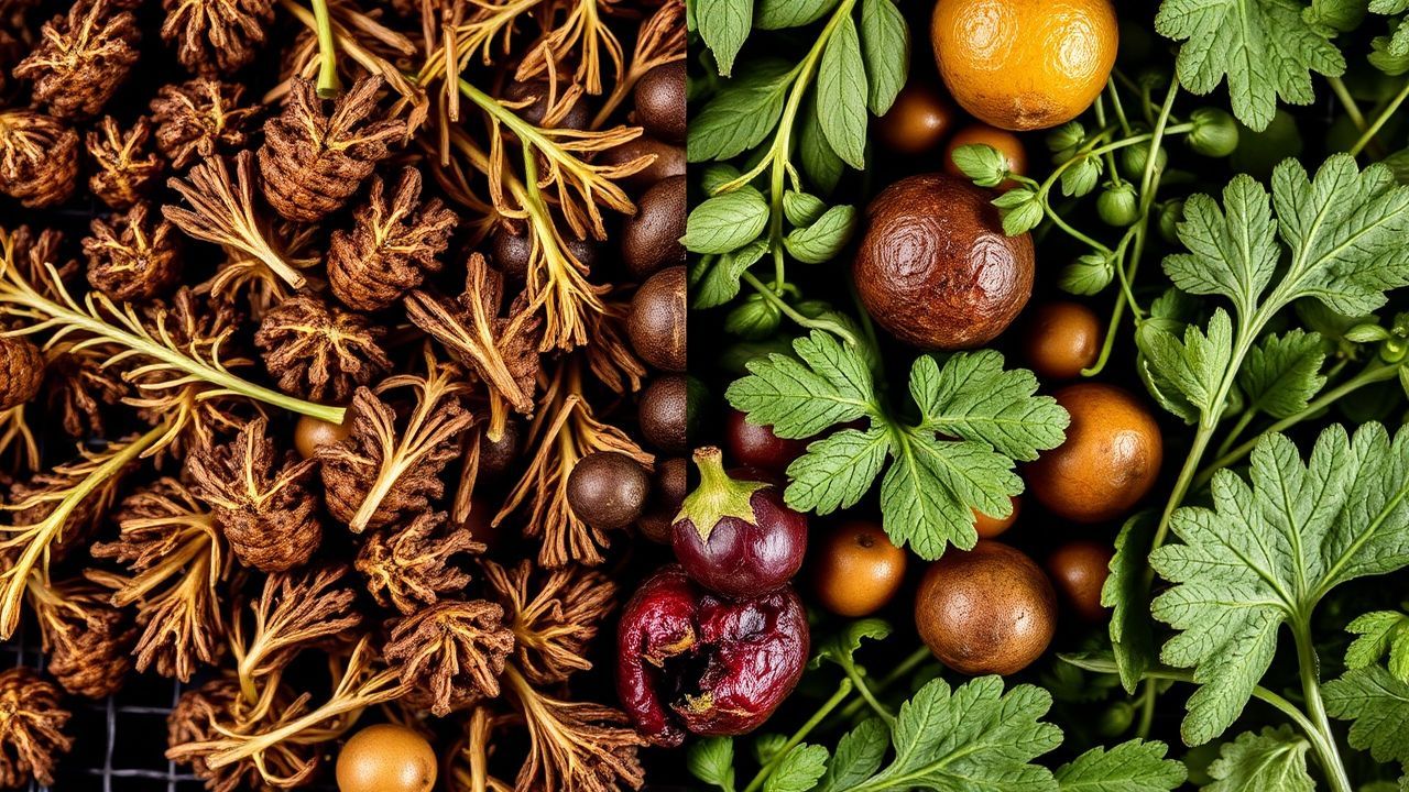 أدوات ومكونات مجففة بالهواء مقابل الفرن توضح اختلافات الطبيعة والحرارة