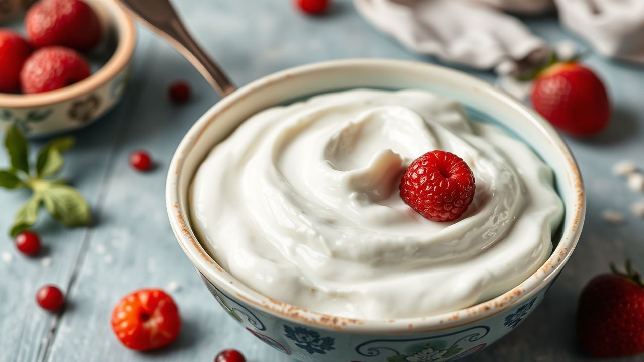 وعاء زبادي منزلي سميك وكريمي مع ملعقة وعبوات المكونات
