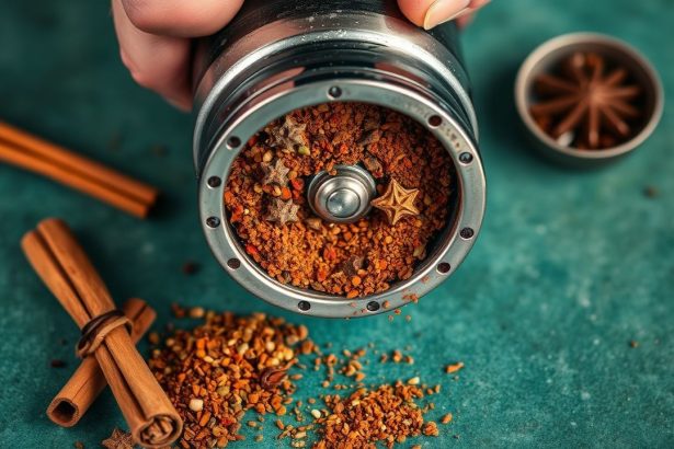 مطحنة توابل نظيفة ولامعة على منضدة مطبخ مع فرشاة تنظيف