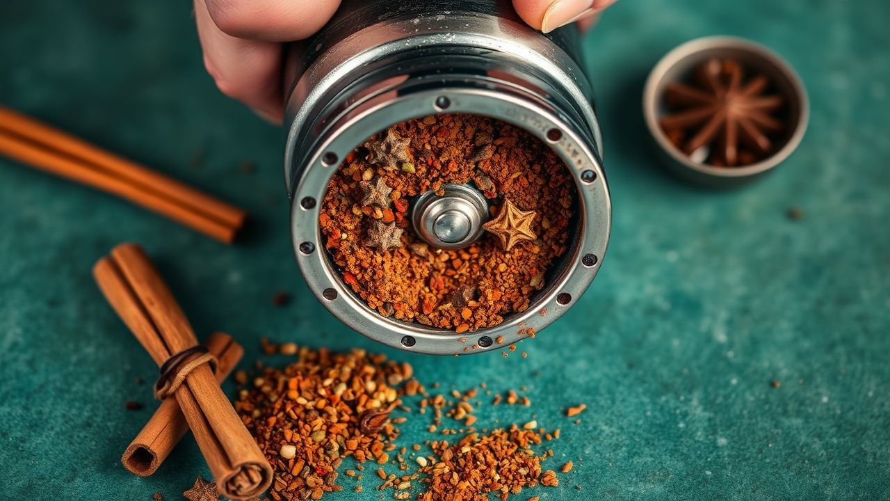 مطحنة توابل نظيفة ولامعة على منضدة مطبخ مع فرشاة تنظيف